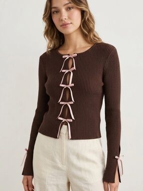 Dreamers by Debut Ribbed Brown Sweater with Pink Bow Details